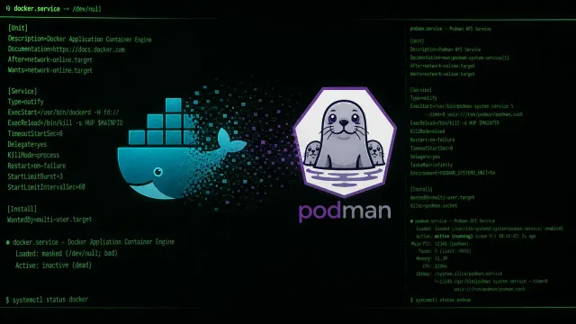 A terminal window showing Docker and Podman commands side by side, with systemd unit files in the background, rendered in terminal green-on-black aesthetic