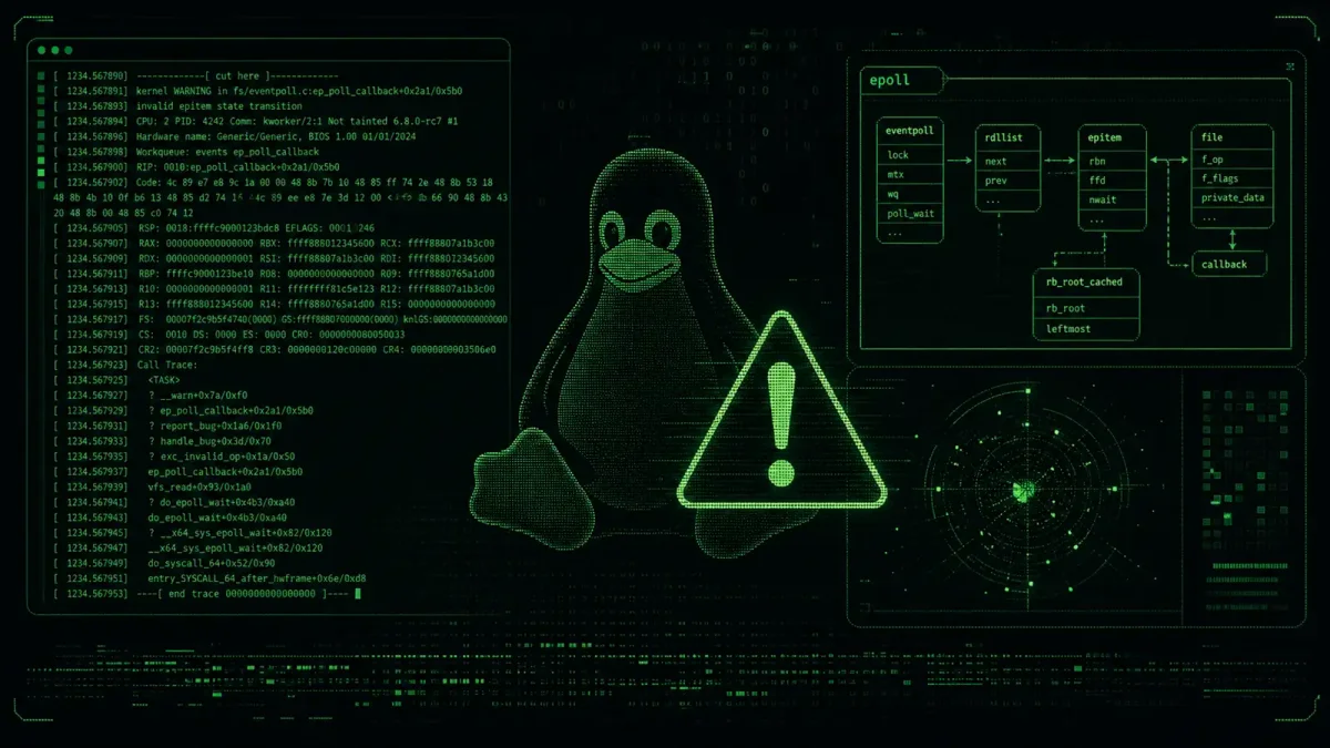 Terminal-style illustration showing a Linux kernel vulnerability warning with epoll subsystem highlighted, dark background with green terminal text elements