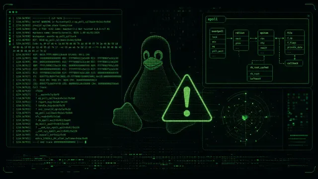 Terminal-style illustration showing a Linux kernel vulnerability warning with epoll subsystem highlighted, dark background with green terminal text elements