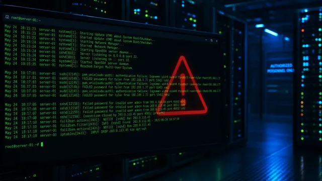 A Linux terminal screen showing authentication logs with a red warning overlay, dark server room background with green terminal text