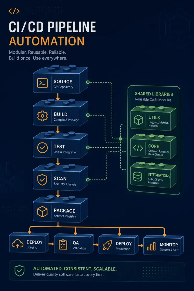 Terminal-style illustration for Jenkins Pipeline Shared Libraries: Reusable CI/CD Code Across Teams