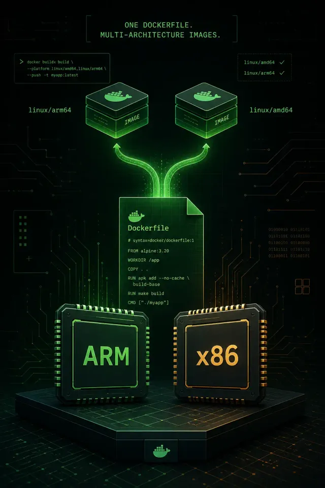 Terminal-style illustration for Docker Multi-Architecture Image Building: Supporting ARM and x86 from One Dockerfile