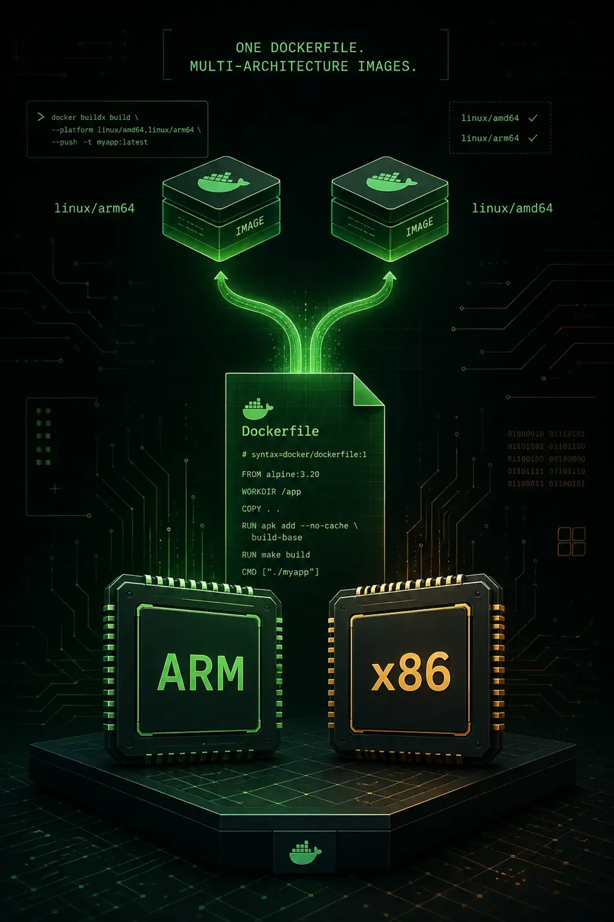 Terminal-style illustration for Docker Multi-Architecture Image Building: Supporting ARM and x86 from One Dockerfile