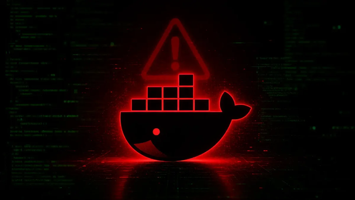A Docker container icon with a red security warning overlay, terminal-style design with green code on dark background