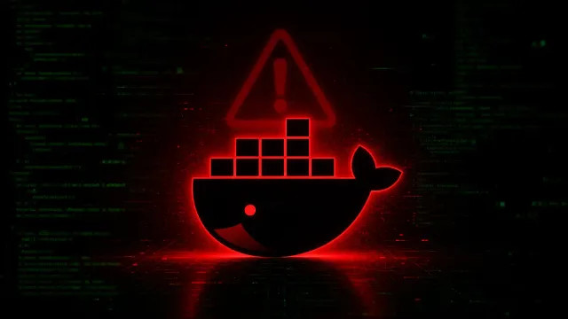 A Docker container icon with a red security warning overlay, terminal-style design with green code on dark background