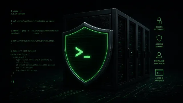 Linux kernel security concept showing a shield over a server terminal