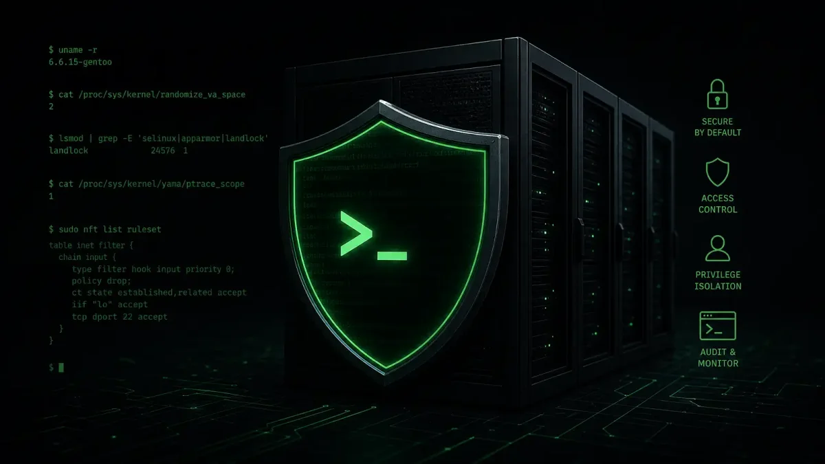 Linux kernel security concept showing a shield over a server terminal