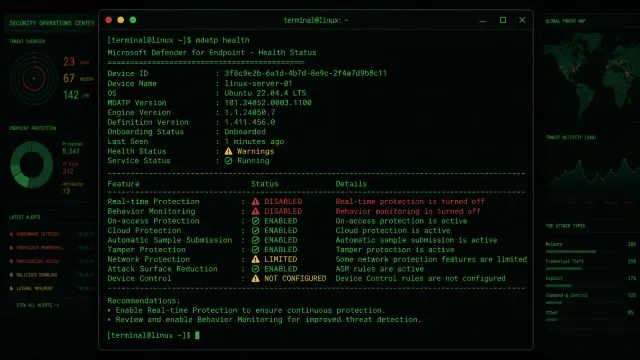 A Linux terminal window showing mdatp health command output with a warning icon, dark terminal green-on-black aesthetic with security alert styling