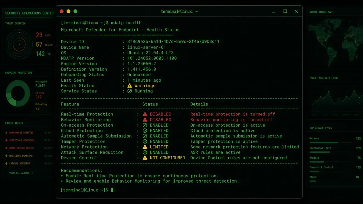 A Linux terminal window showing mdatp health command output with a warning icon, dark terminal green-on-black aesthetic with security alert styling
