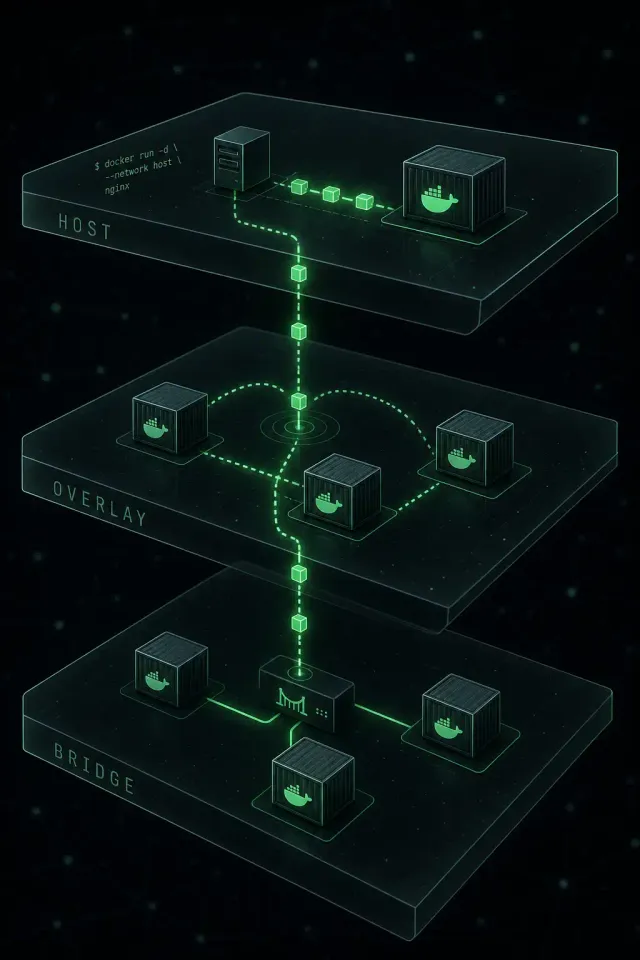 Terminal-style illustration for Docker Container Networking: Bridge, Host, Overlay, and MACVLAN Explained
