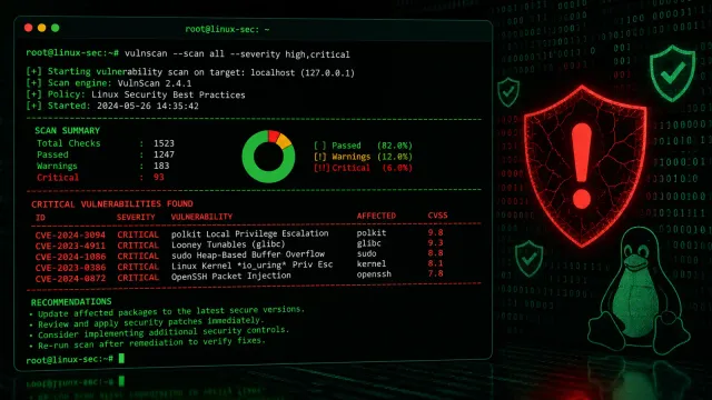 Terminal showing Linux kernel vulnerability scan results with red warning indicators