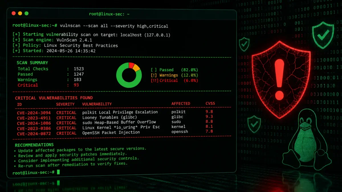 Terminal showing Linux kernel vulnerability scan results with red warning indicators