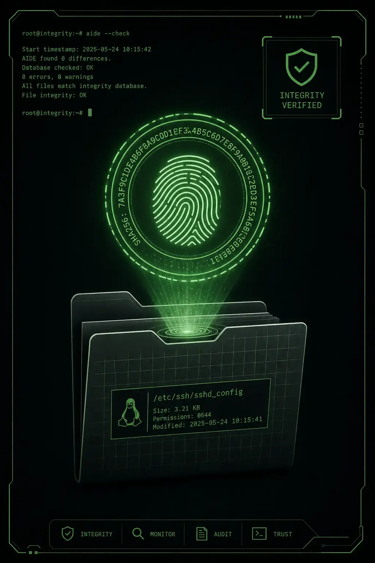 Terminal-style illustration for File Integrity Monitoring with AIDE: Detect Unauthorized Changes on Linux Servers