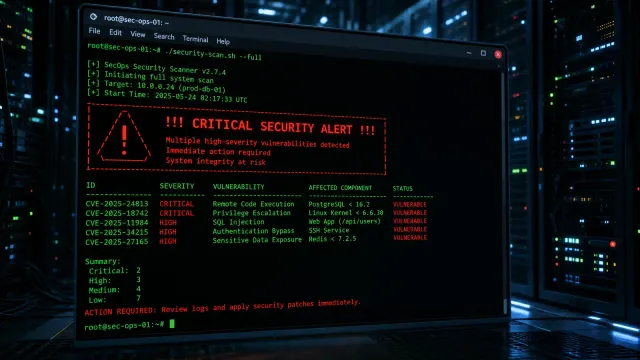 A server rack with a glowing red warning indicator overlay, Linux terminal aesthetic with security alert symbolism