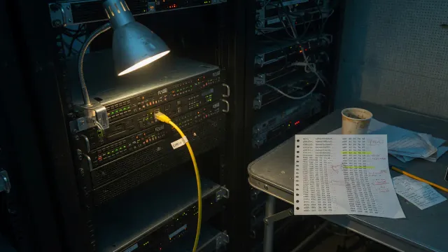 A rack-mounted server with a highlighted network cable and a printed checksum sheet on the desk