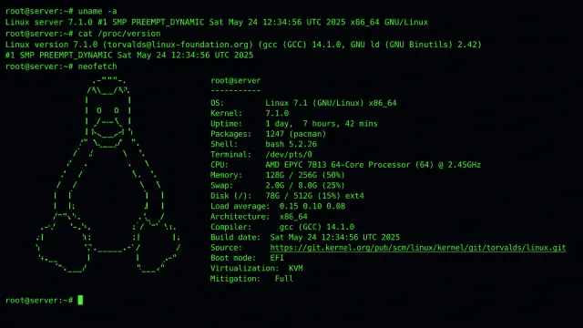 Linux kernel logo displayed on a server terminal with green monospace text showing version 7.1