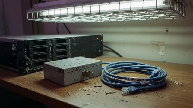 A Linux server desk with a closed laptop and an unplugged network cable next to a small metal lockbox