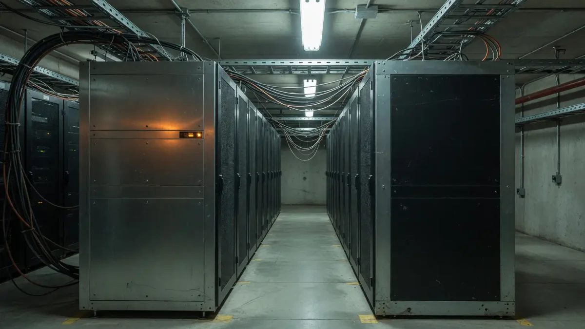 A data-center aisle with two server racks, one showing a small amber status light, cool overhead lighting, no logos.
