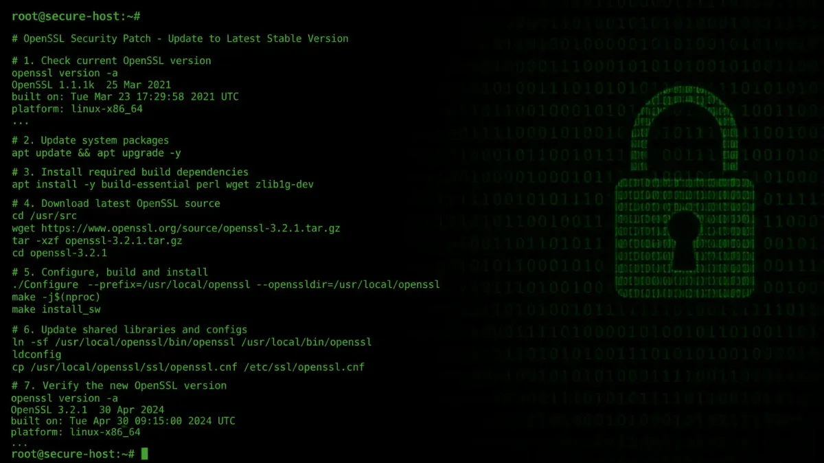 Terminal screen showing OpenSSL version check and security patch commands