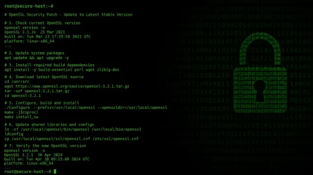 Terminal screen showing OpenSSL version check and security patch commands