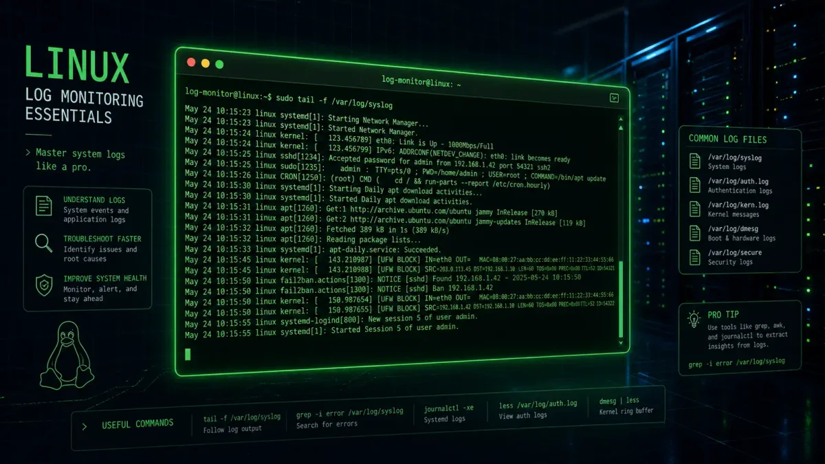 Terminal window showing journalctl command output with green text on dark background, systemd journal entries scrolling with timestamps