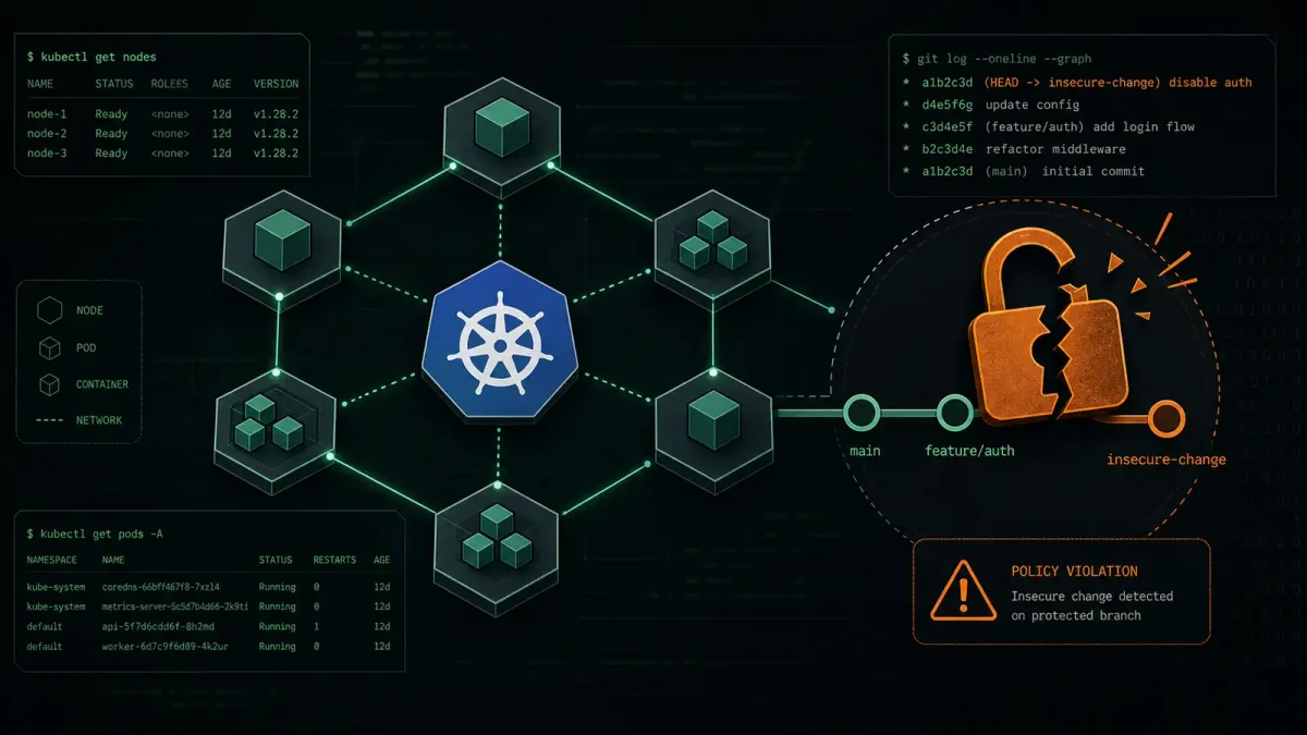 Abstract illustration of a Kubernetes cluster with GitOps pipeline showing a broken lock icon, representing infrastructure security vulnerability