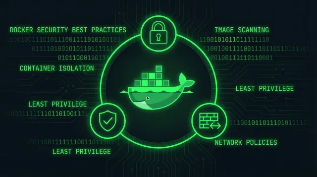 Docker security shield with container protection icons