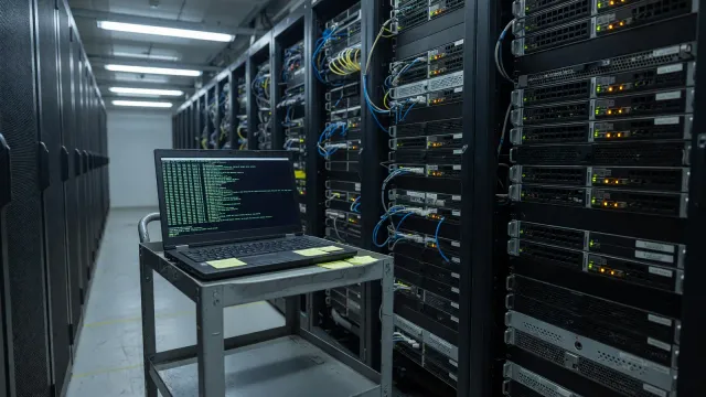 Laptop on a server-room cart showing a terminal with a helm command, cool aisle lighting, no readable cluster names.