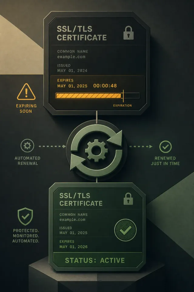 Terminal-style illustration for SSL/TLS Certificate Expiry: Averted Disasters and Automated Renewal Troubleshooting