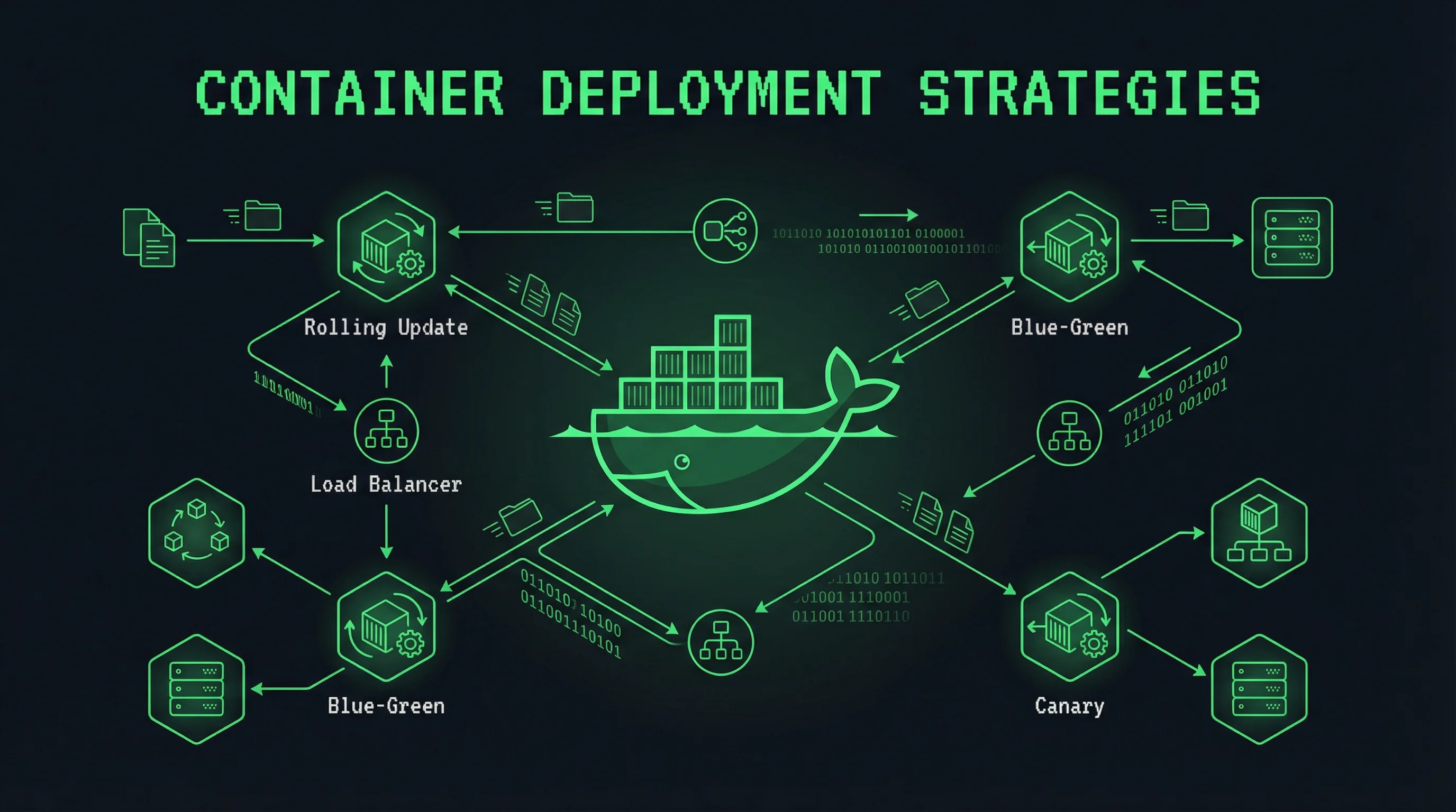 Container deployment strategies visualization showing traffic routing
