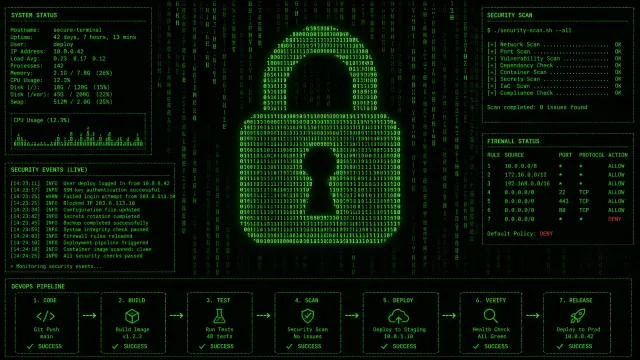 Terminal window showing CI/CD pipeline security configuration with green text on dark background