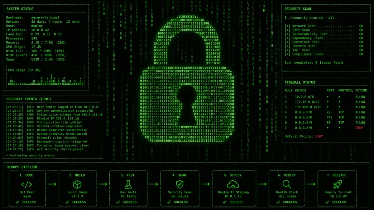 Terminal window showing CI/CD pipeline security configuration with green text on dark background