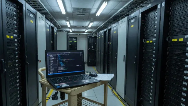 Server room aisle with a laptop showing a YAML file on a cart, cool overhead light, no neon.