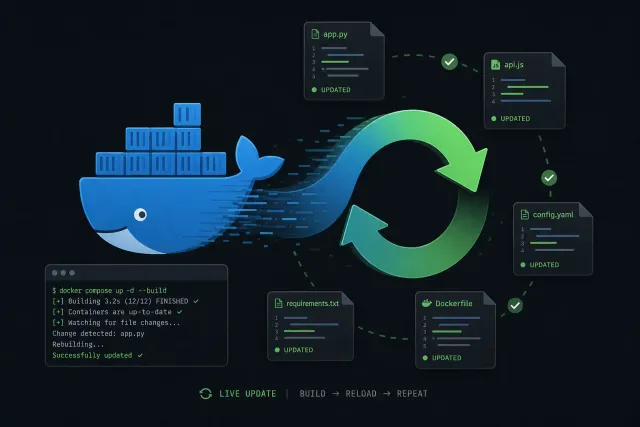 Terminal-style illustration showing Docker Compose Watch file synchronization with green sync arrows flowing from host source code to running containers, on a dark hacker-terminal background