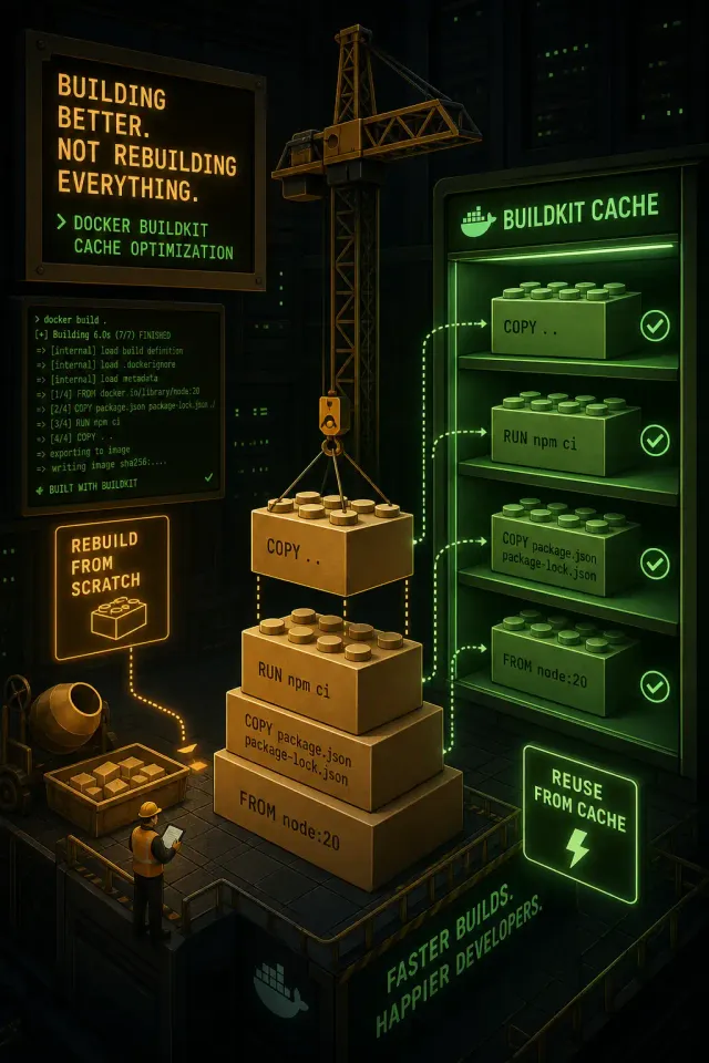 Terminal-style illustration for Docker BuildKit Cache Optimization: Speed Up Your Image Builds