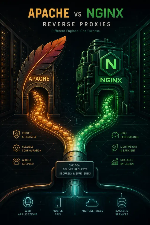 Terminal-style illustration for Apache as Reverse Proxy: Configuration, Performance, and Comparison with Nginx