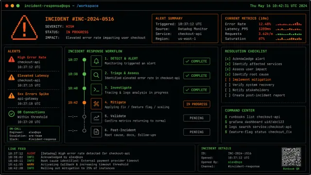 Terminal-style illustration showing incident response workflow with alert icons and timeline, dark background with orange and green terminal text
