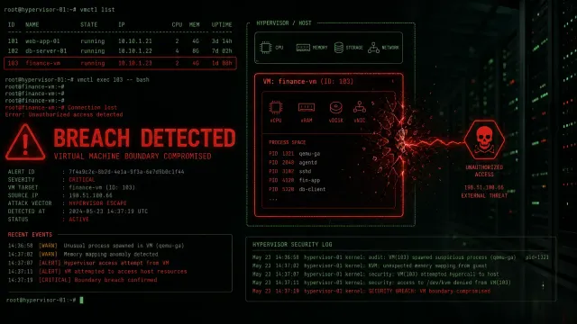 A stylized terminal interface showing a Linux kernel vulnerability warning with a cracked virtual machine boundary visualization in red and dark terminal green