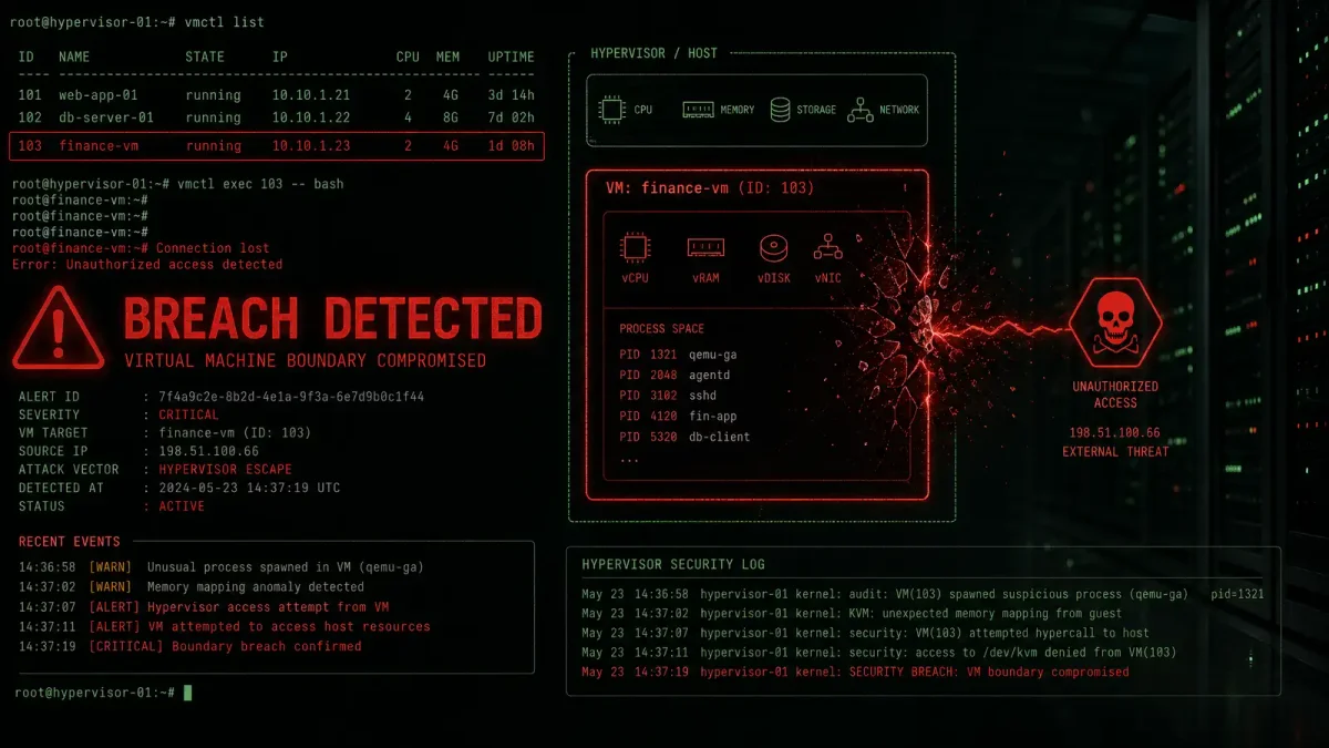 A stylized terminal interface showing a Linux kernel vulnerability warning with a cracked virtual machine boundary visualization in red and dark terminal green