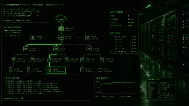 Terminal-style illustration for Linux Network Troubleshooting — a systematic diagnostic workflow from ping to tcpdump