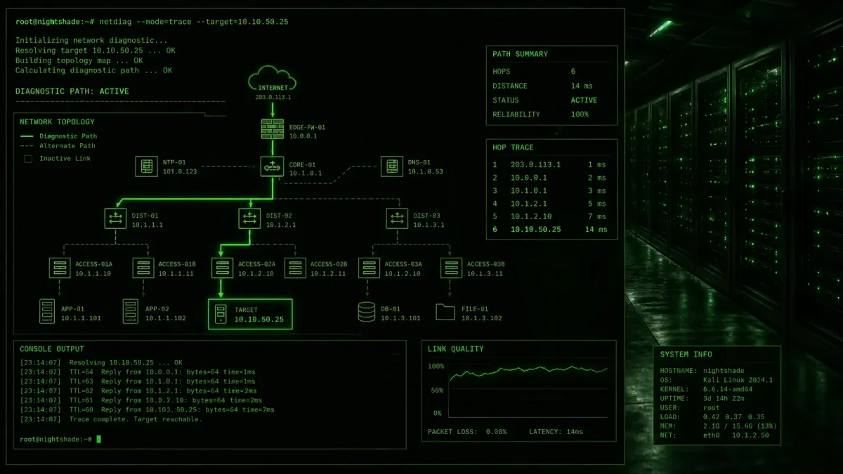 Terminal-style illustration for Linux Network Troubleshooting — a systematic diagnostic workflow from ping to tcpdump