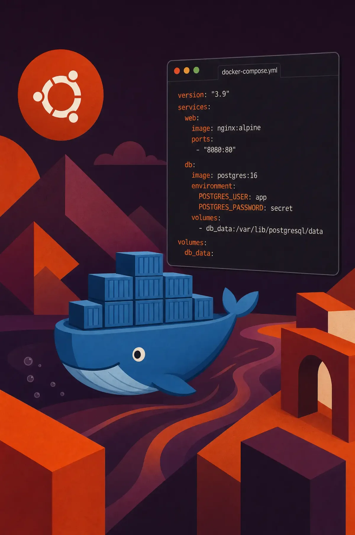 Docker Compose running on Ubuntu 22.04 terminal showing container status