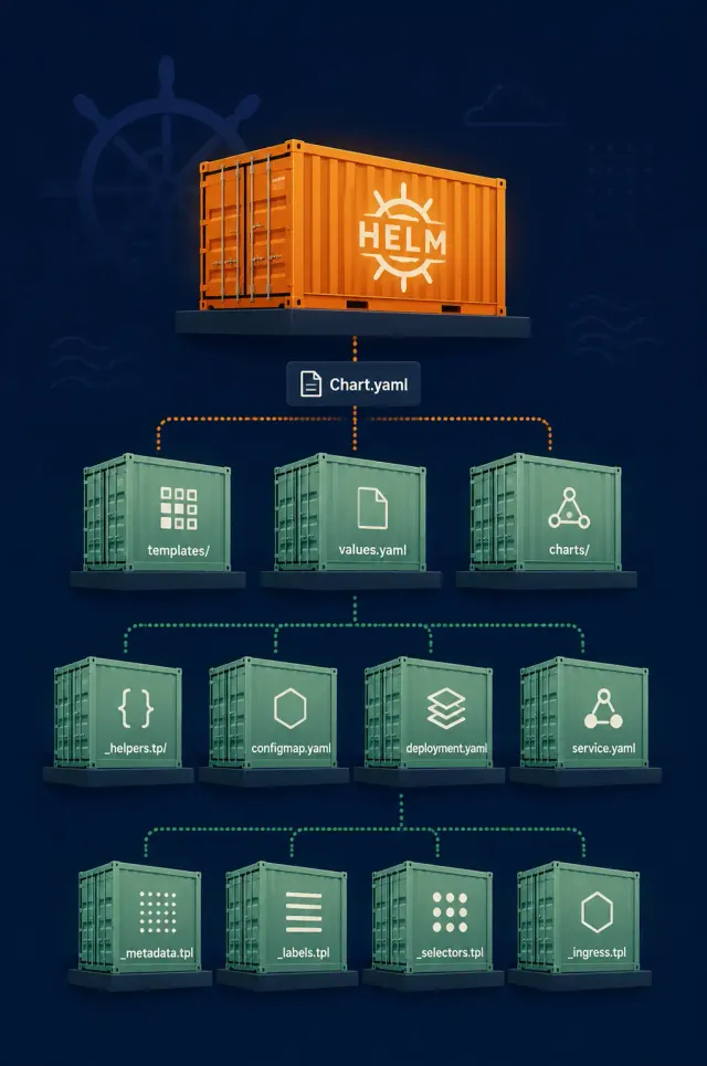 Terminal-style illustration for Kubernetes Helm Chart Best Practices: Templates, Values, and Structure