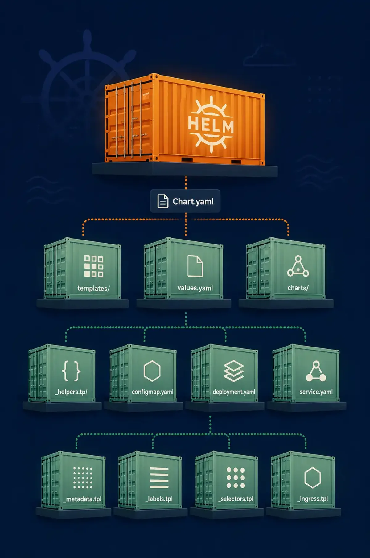 Terminal-style illustration for Kubernetes Helm Chart Best Practices: Templates, Values, and Structure