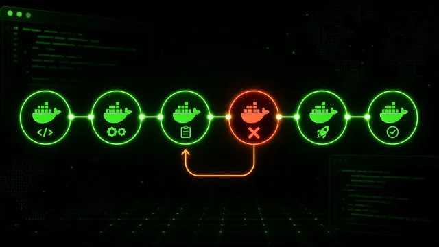 A terminal-themed illustration showing a CI/CD pipeline diagram with Docker containers, green checkmarks for healthy containers leading to a production deployment arrow, and one red X for a failed container triggering a rollback loop. Dark background with terminal green accent colors.
