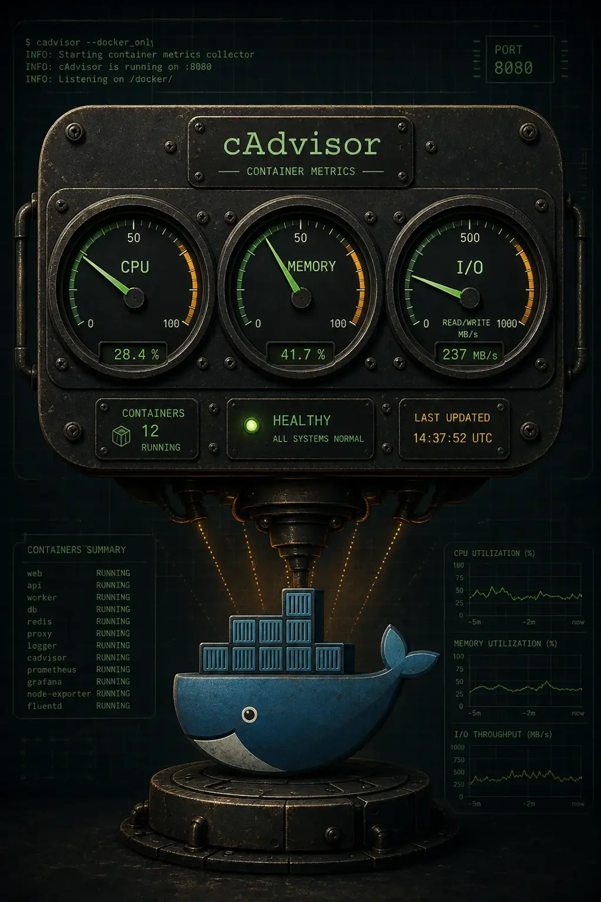 Terminal-style illustration for Docker Container Resource Monitoring: CPU, Memory, and I/O Tracking with cAdvisor