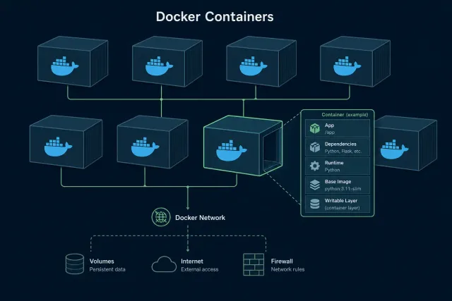 Docker Compose multi-container deployment illustration showing containers, networking, and volumes