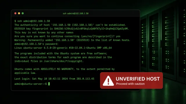 A terminal window displaying SSH connection logs with a red warning indicator, styled with the serverhi green-on-black terminal aesthetic.