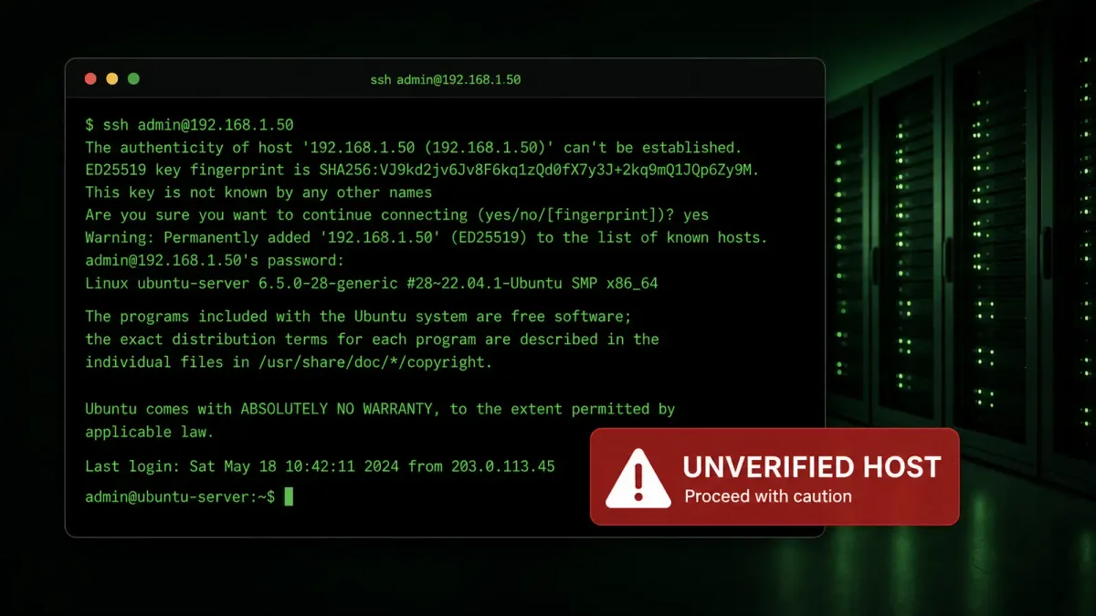 A terminal window displaying SSH connection logs with a red warning indicator, styled with the serverhi green-on-black terminal aesthetic.