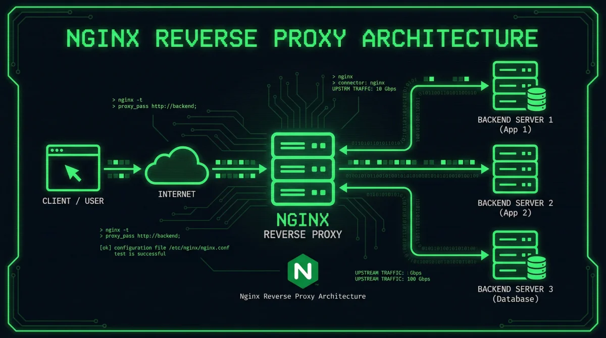Nginx reverse proxy architecture with terminal aesthetics showing server connections